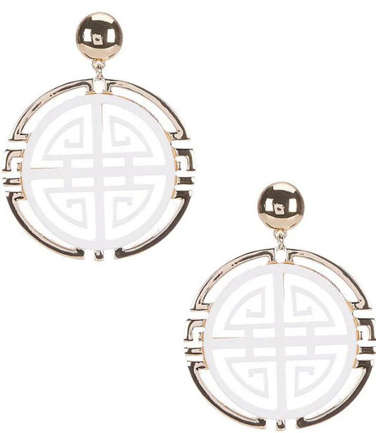 White Geometric Shou Pattern Drop Earrings - Reed House of Jewels