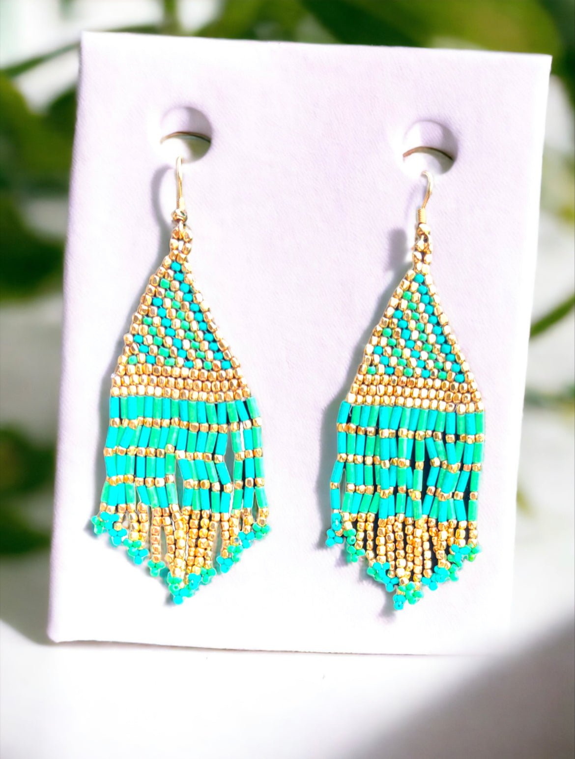Green and Gold Beaded Dangle Earrings - Reed House of Jewels