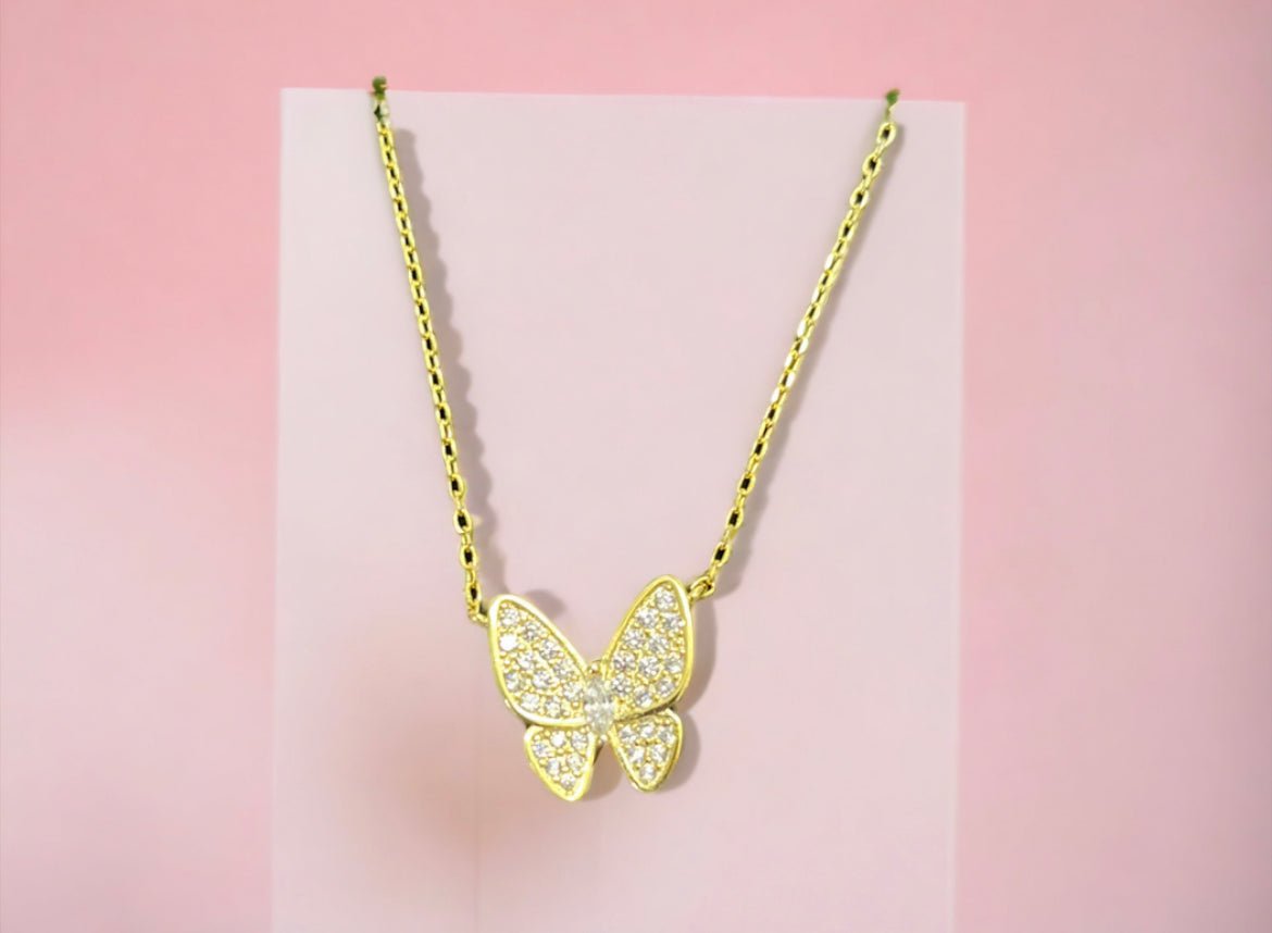 Gold Tone and Crystal Small Butterfly Necklace/Earring Set - Reed House of Jewels