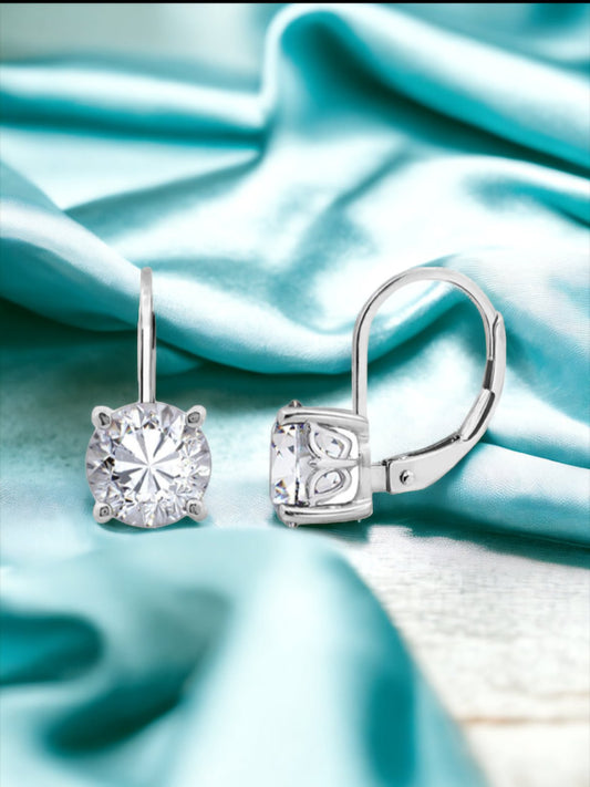 Round CZ Solitaire Leverback Rodium Plated Sterling Silver Earrings - Reed House of Jewels