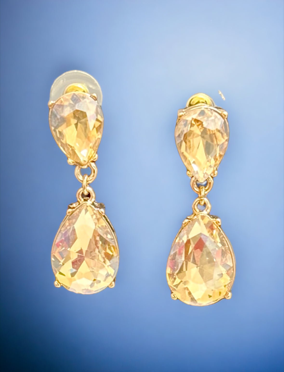 Gold Tone and Light Topaz Crystal Double Teardrop Post Earrings - Reed House of Jewels