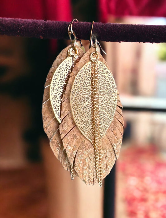 Natural Leaf Cork and Gold Tone Drop Earrings - Reed House of Jewels