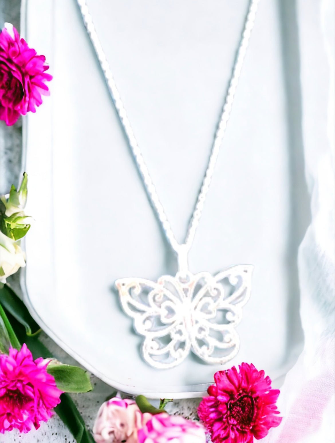 Silver Tone Small Filigree Pattern Butterfly Necklace - Reed House of Jewels