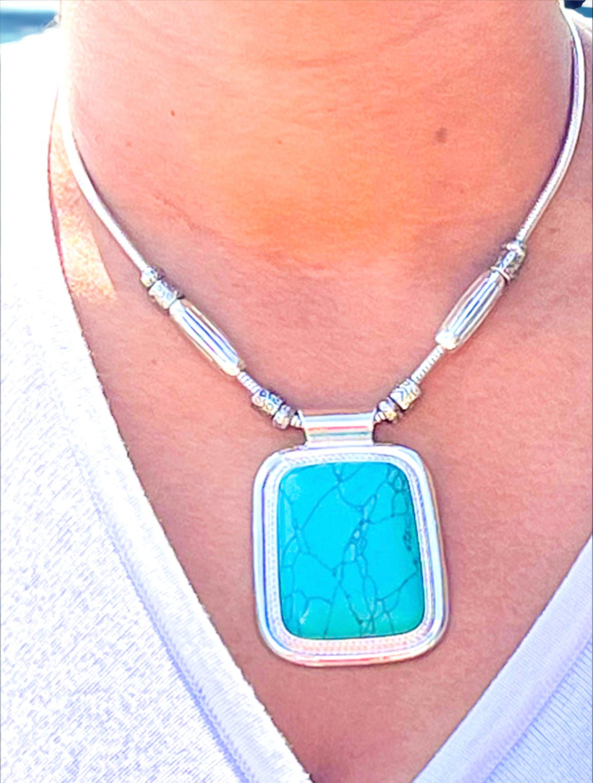 Silver and Faux Turquoise Big Stone Necklace - Reed House of Jewels