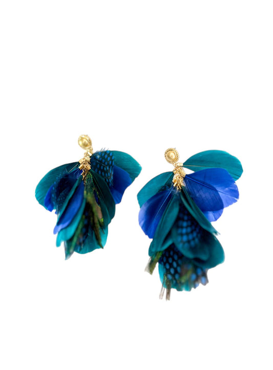 Gold Tone and Feather Blue/Green/ Black Earrings - Reed House of Jewels