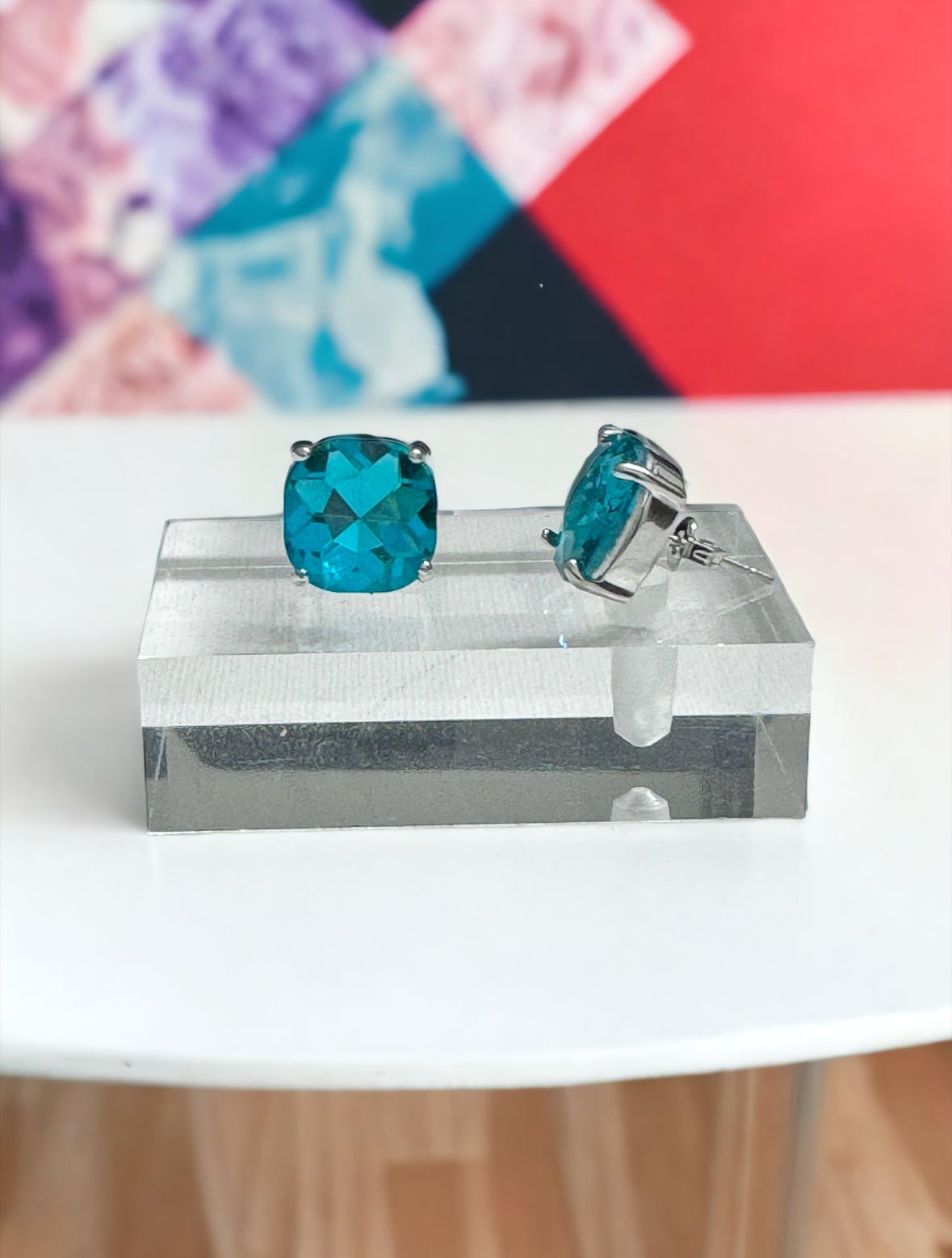 Large Aqua Crystal Square Stud Earrings - Reed House of Jewels