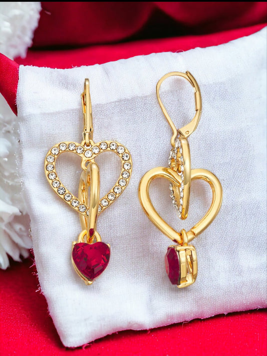 Gold Tone Red Heart and Crystal Double Drop Lever Back Earrings - Reed House of Jewels