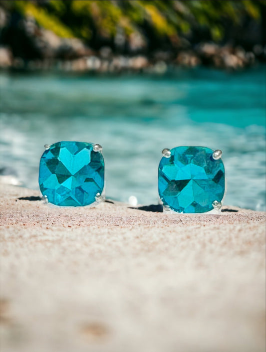 Large Aqua Crystal Square Stud Earrings - Reed House of Jewels