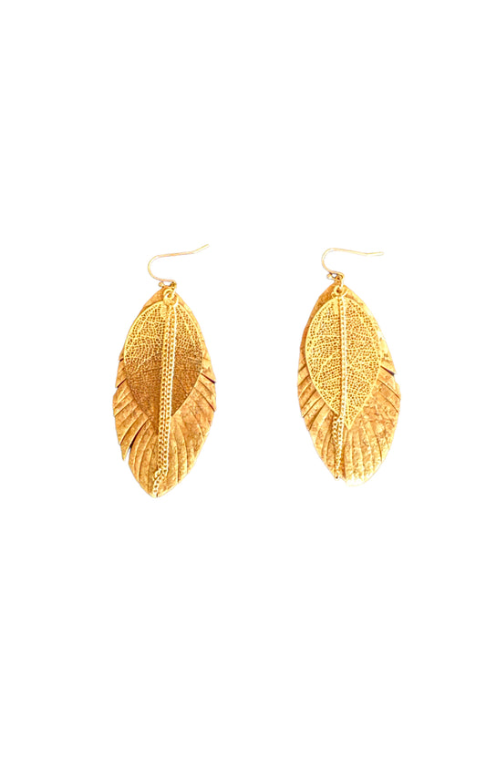 Natural Leaf Cork and Gold Tone Drop Earrings - Reed House of Jewels