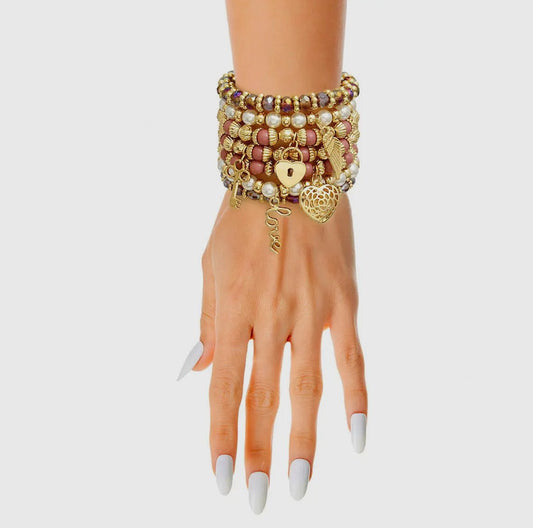 Mauve and Pearl Love Charm Bracelet Stack - Reed House of Jewels