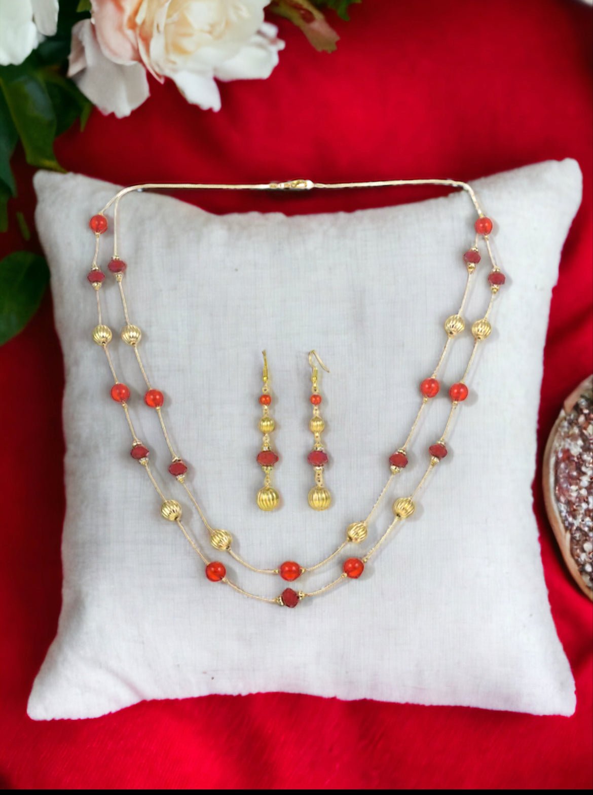 Red and Gold Beaded Necklace & Drop Earring Jewelry Set - Reed House of Jewels