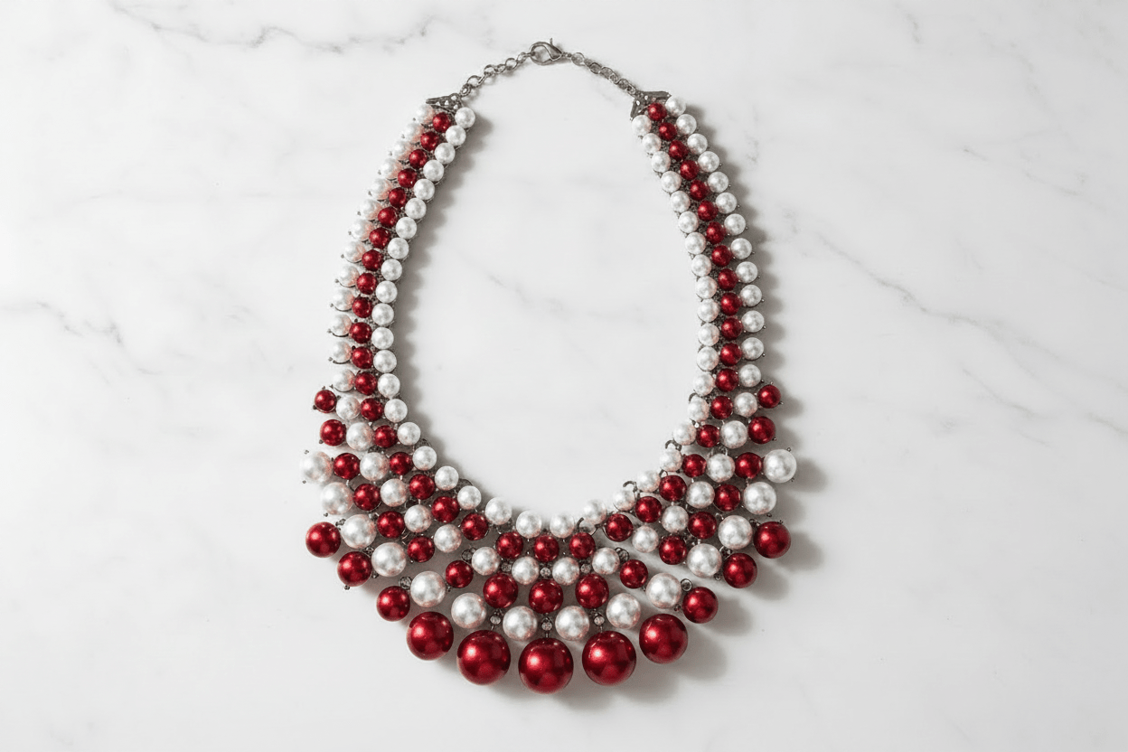 Chunky Red & White Faux Pearl Multi - Stand Statement Bib Necklace - Reed House of Jewels