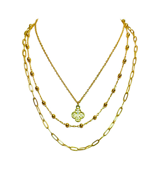 Three Layer Chain Necklace with Crystal Clover Charm - Reed House of Jewels