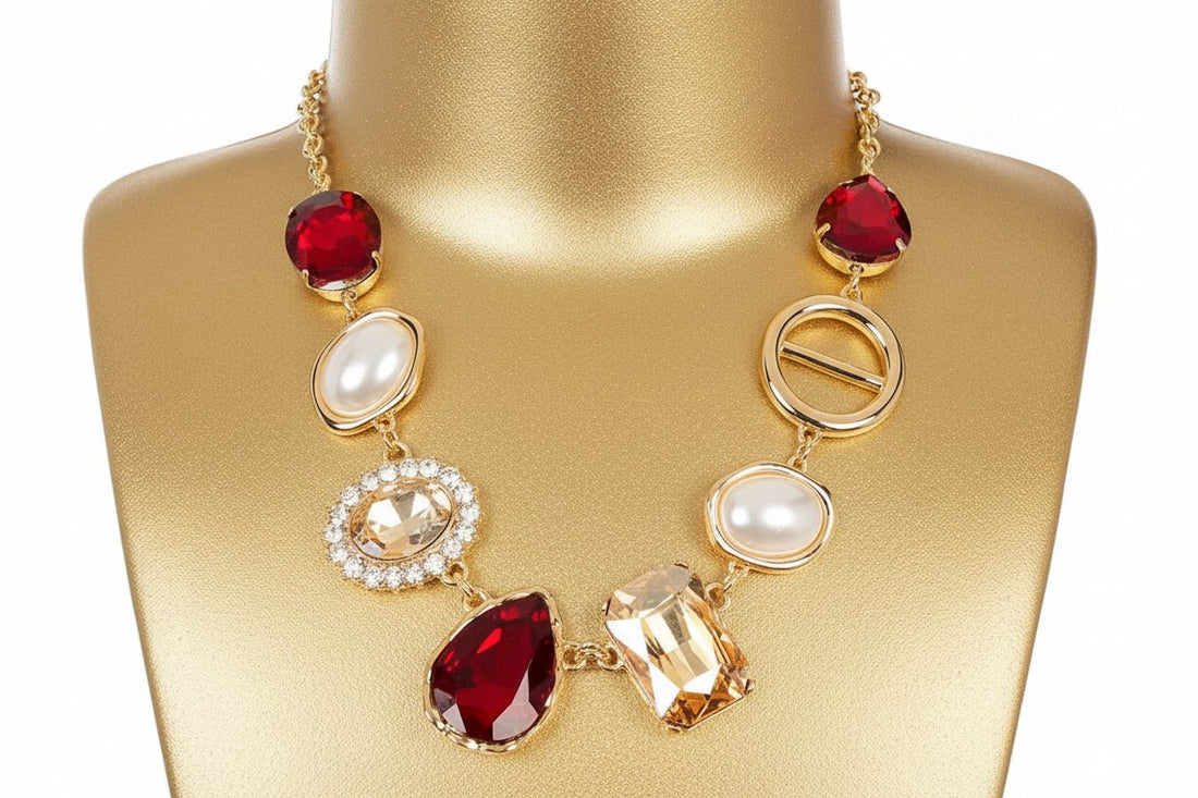 Pearl and Crystal Chunky Gold Tone Necklace - Reed House of Jewels