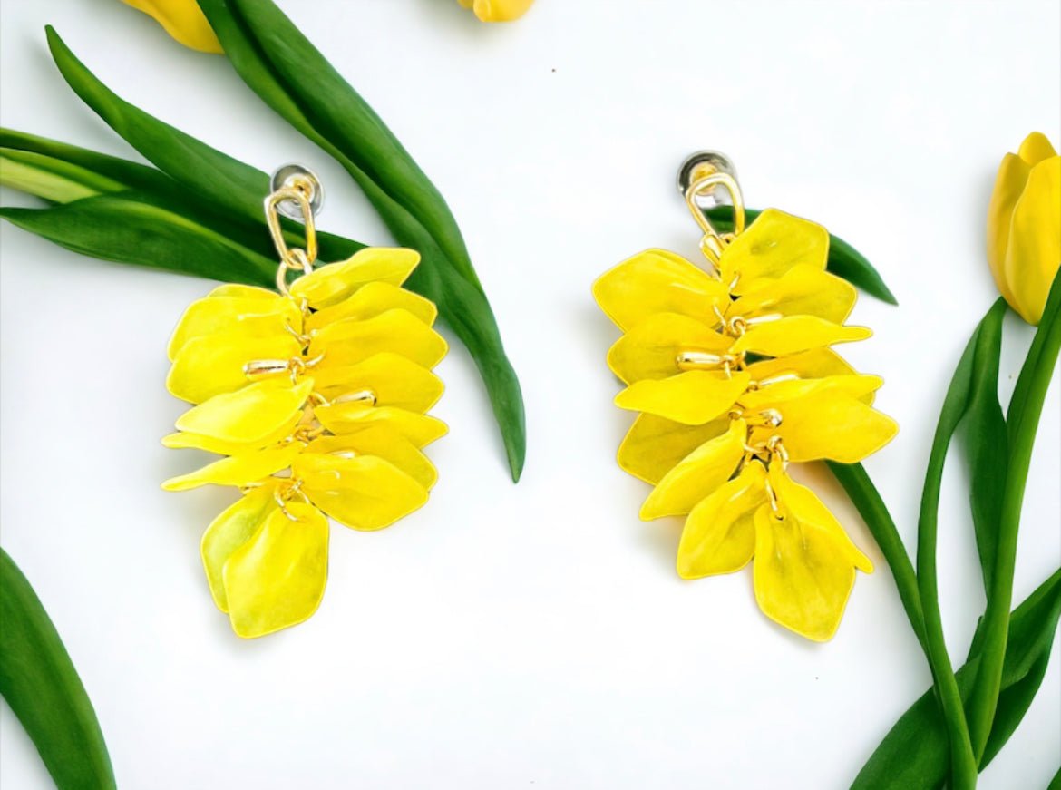 Yellow and Gold Tone Dangle Flower Earrings - Reed House of Jewels