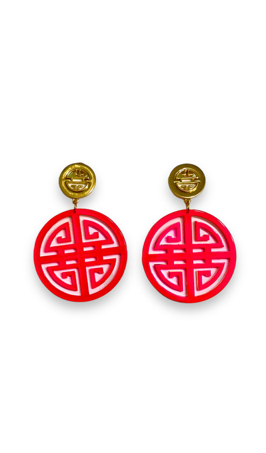 Hot Pink Geometric Shou Pattern Double Drop Earrings - Reed House of Jewels