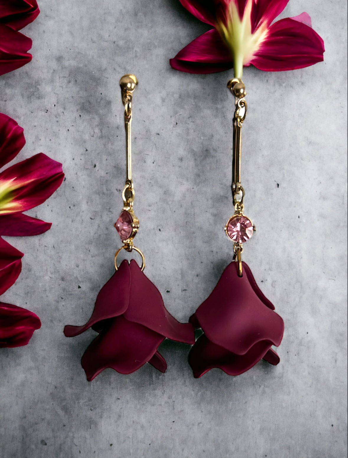 Wine Drop Petal Long Earrings - Reed House of Jewels