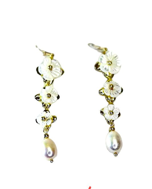 Flowers and Pearls Gold Tone Dangle Earrings - Reed House of Jewels