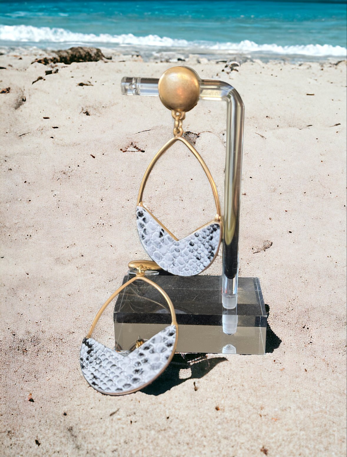 White and Black Faux Snakeskin Paddle Earrings - Reed House of Jewels