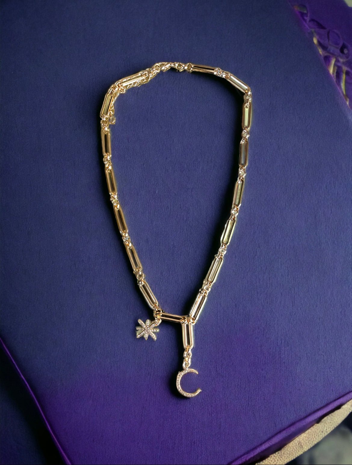 Star and Moon Gold Tone and Crystal 19" + 3" Necklace - Reed House of Jewels