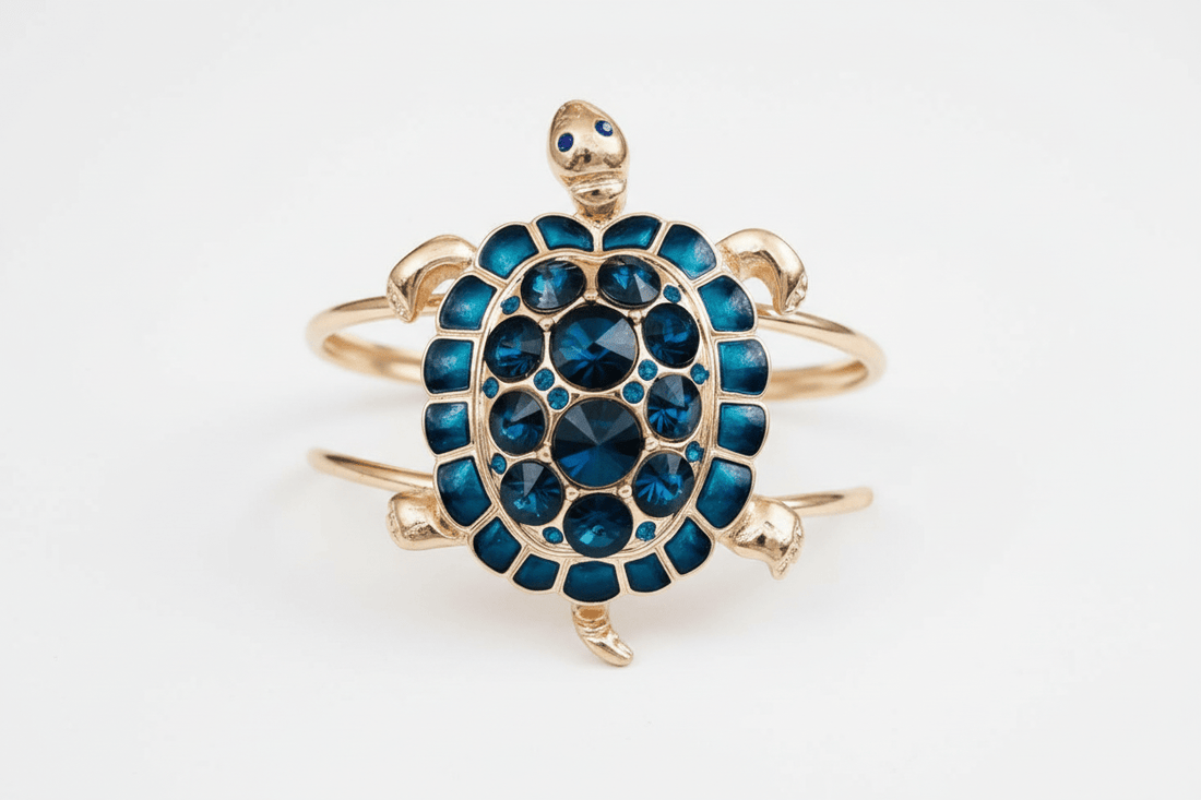 Sparkling Deep Blue Sea Turtle Bangle/Cuff Bracelet - Reed House of Jewels