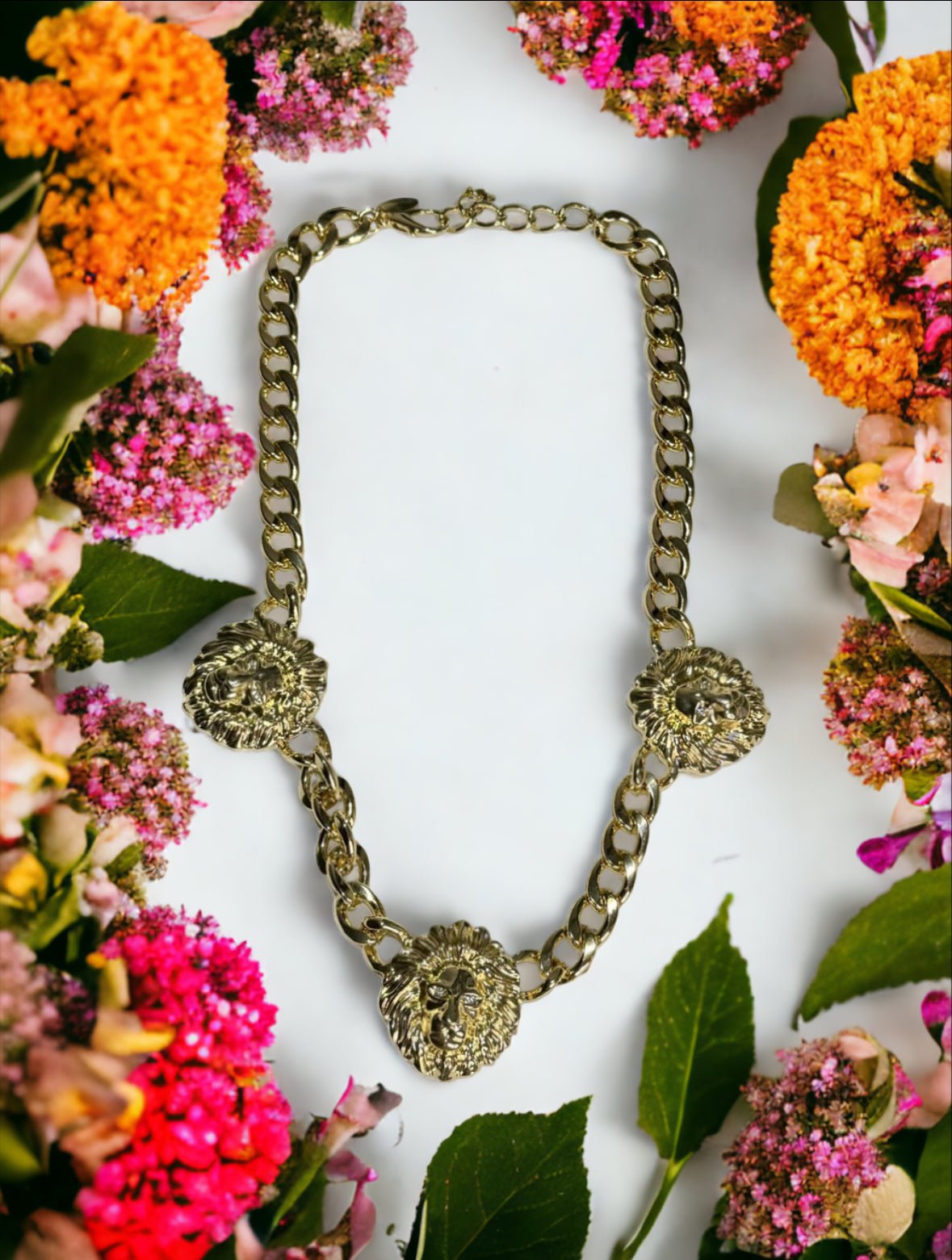 3 Lion Head Cuban curb chain link statement necklace - Reed House of Jewels