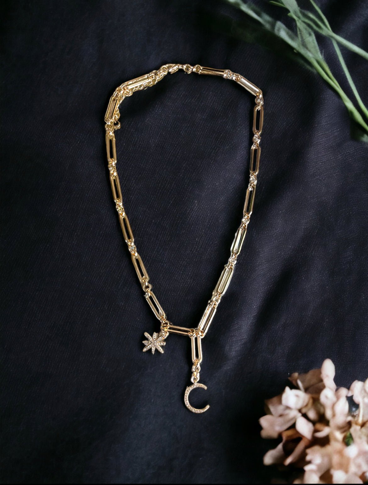 Star and Moon Gold Tone and Crystal 19" + 3" Necklace - Reed House of Jewels