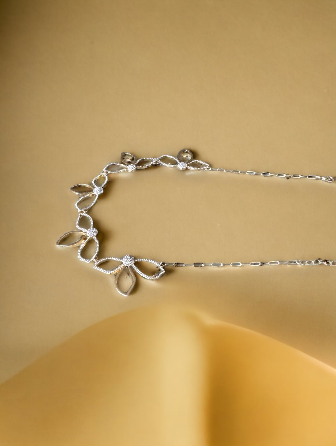 3 Leaf Floral Crystal and Gold Tone Paperclip Necklace - Reed House of Jewels