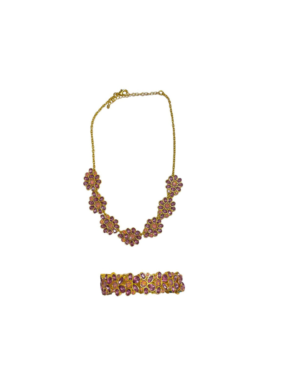 Gold Tone Pink Blossom Necklace and Bracelet Set - Reed House of Jewels