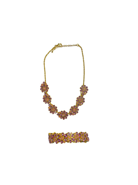 Gold Tone Pink Blossom Necklace and Bracelet Set - Reed House of Jewels