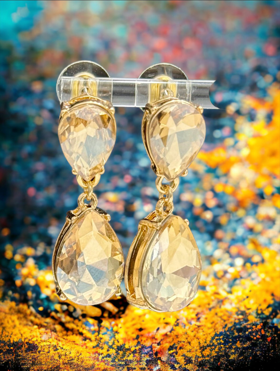 Gold Tone and Light Topaz Crystal Double Teardrop Post Earrings - Reed House of Jewels