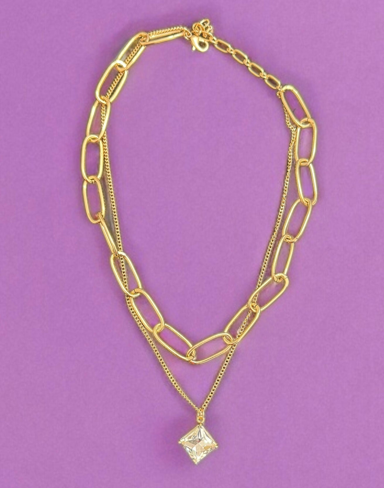 Two Layer Chunky Gold Tone Necklace with Square Stone - Reed House of Jewels