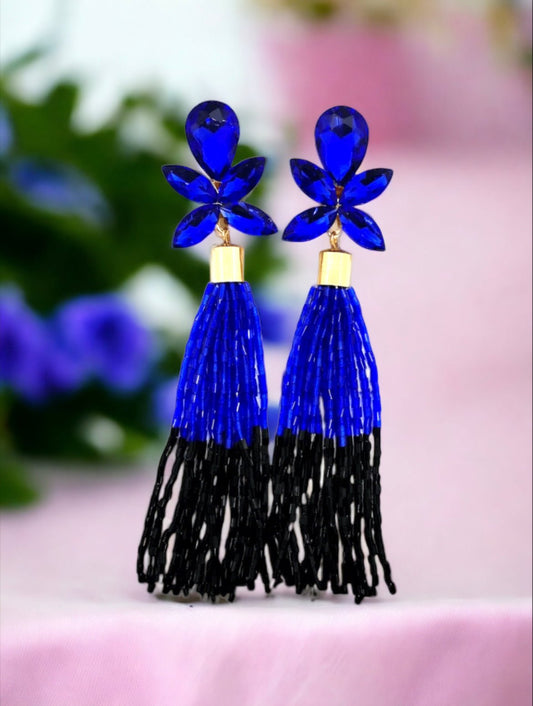 Judy Tassel Clip Earrings - Blue