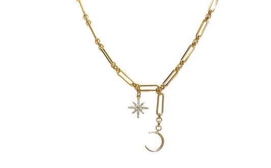 Star and Moon Gold Tone and Crystal 19" + 3" Necklace - Reed House of Jewels