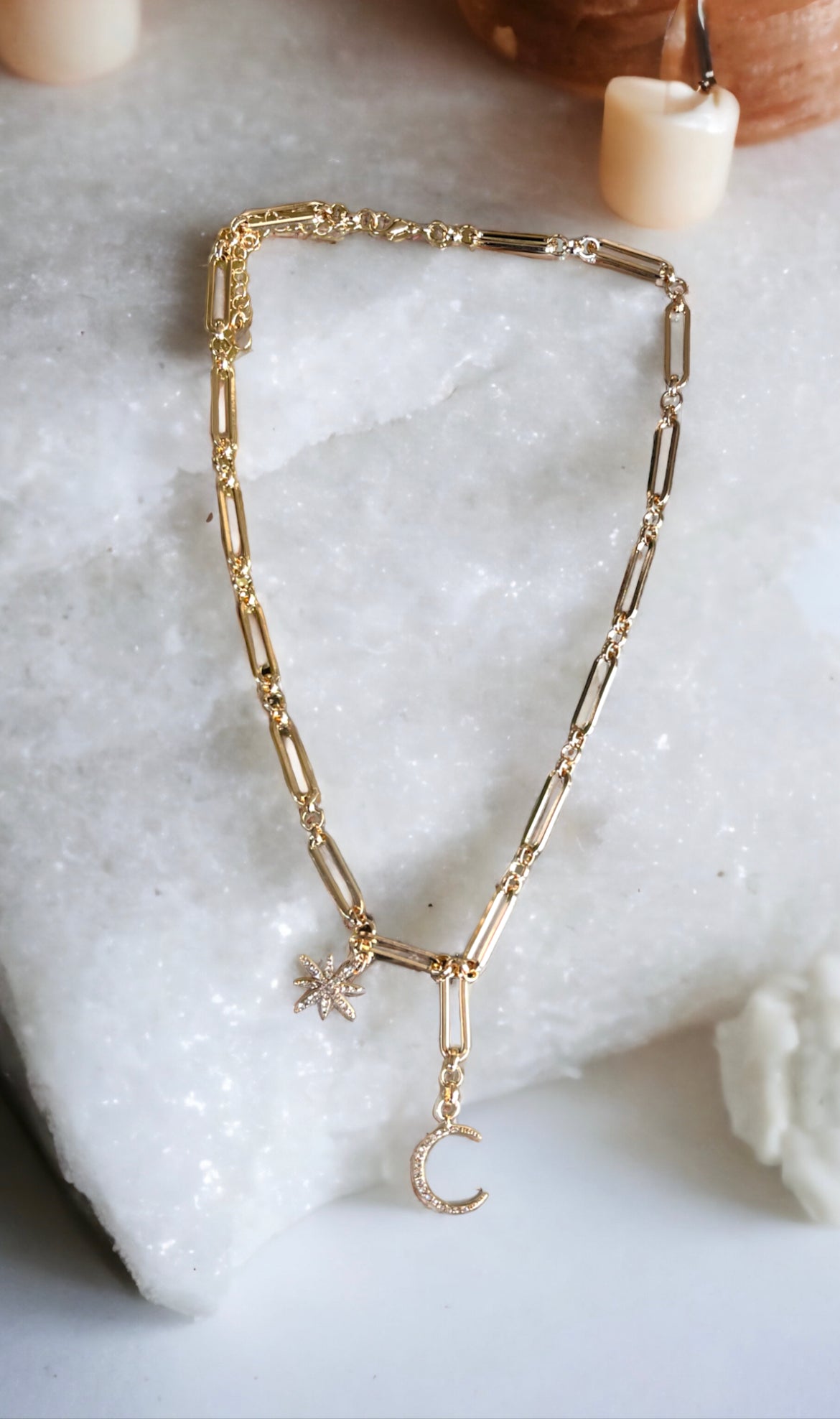 Star and Moon Gold Tone and Crystal 19" + 3" Necklace - Reed House of Jewels