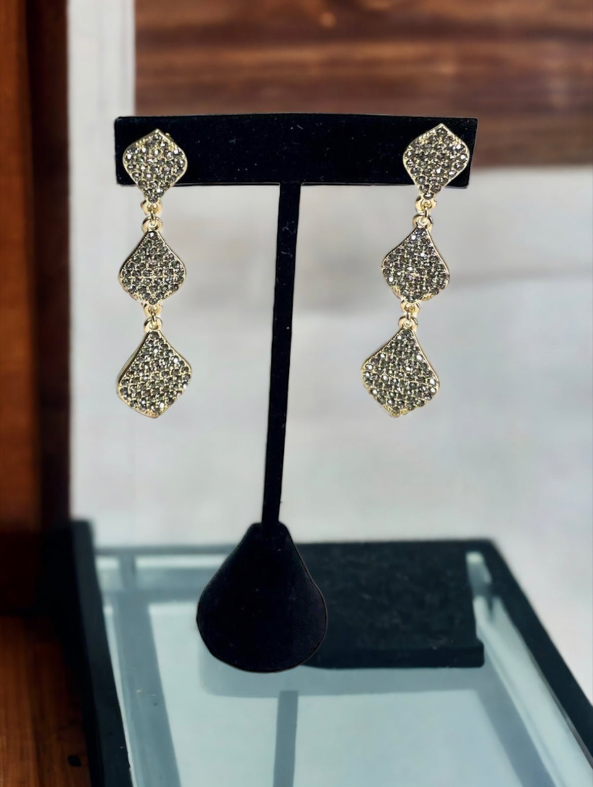 Gold Tone Grey Crystal Triple Drop Earrings - Reed House of Jewels