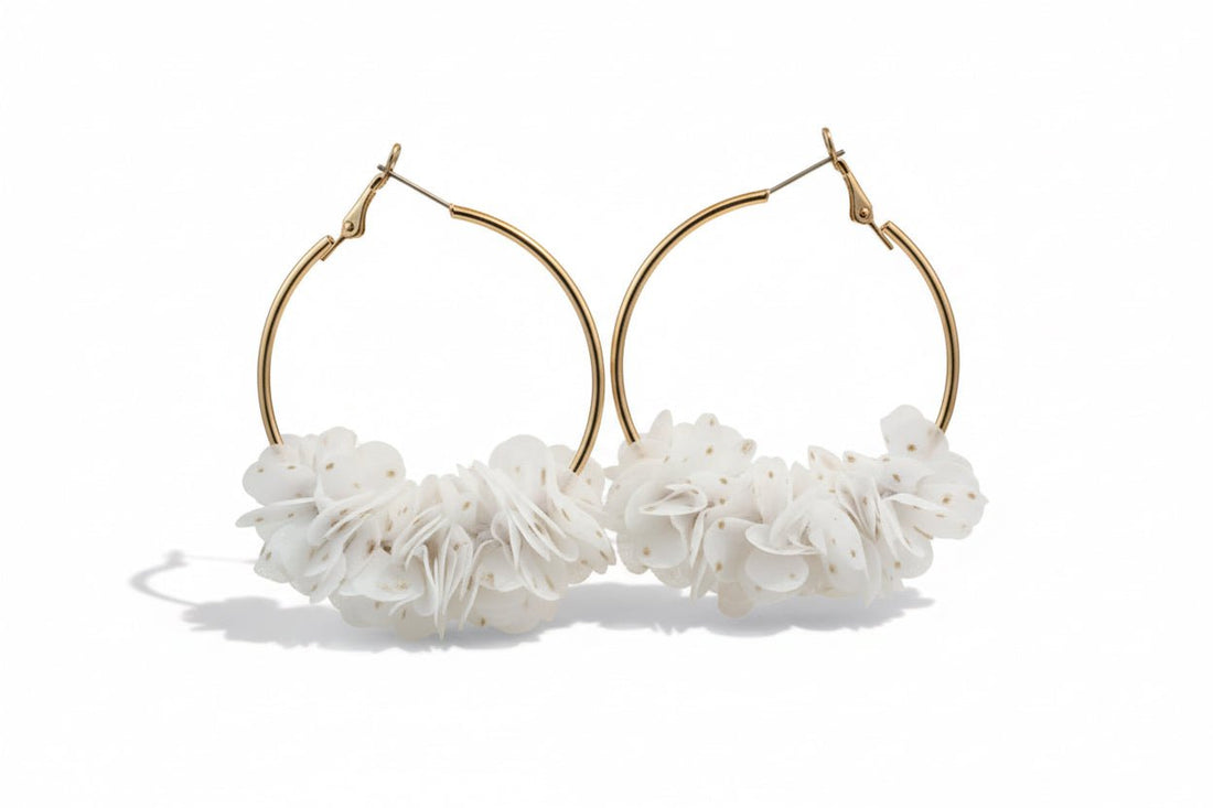 White and Gold Fabric Ruffle Hoop Earrings - Reed House of Jewels