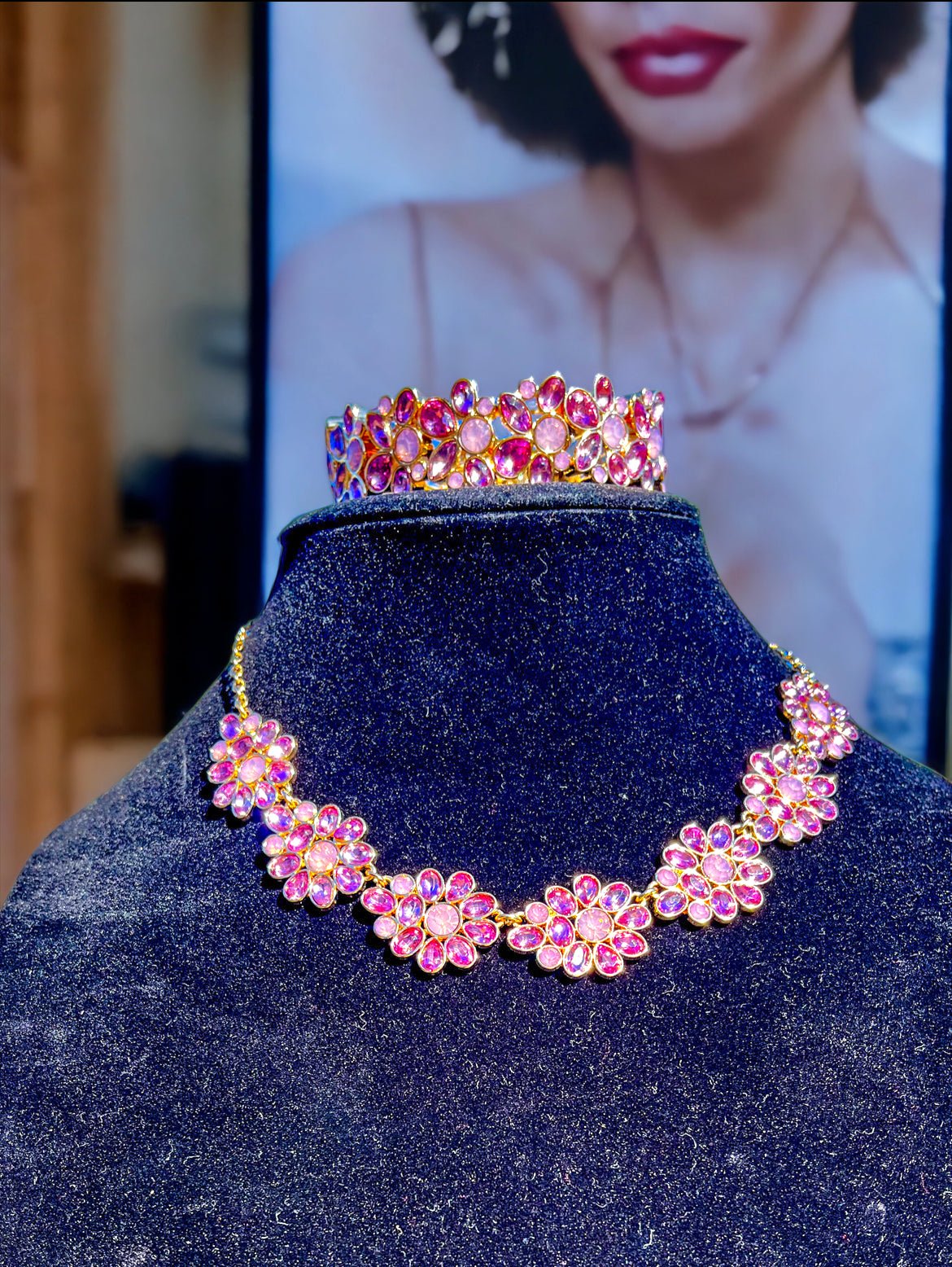 Gold Tone Pink Blossom Necklace and Bracelet Set - Reed House of Jewels