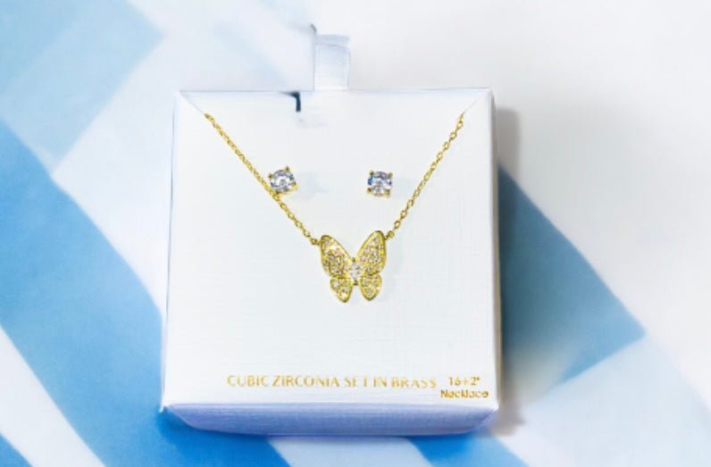 Gold Tone and Crystal Small Butterfly Necklace/Earring Set - Reed House of Jewels