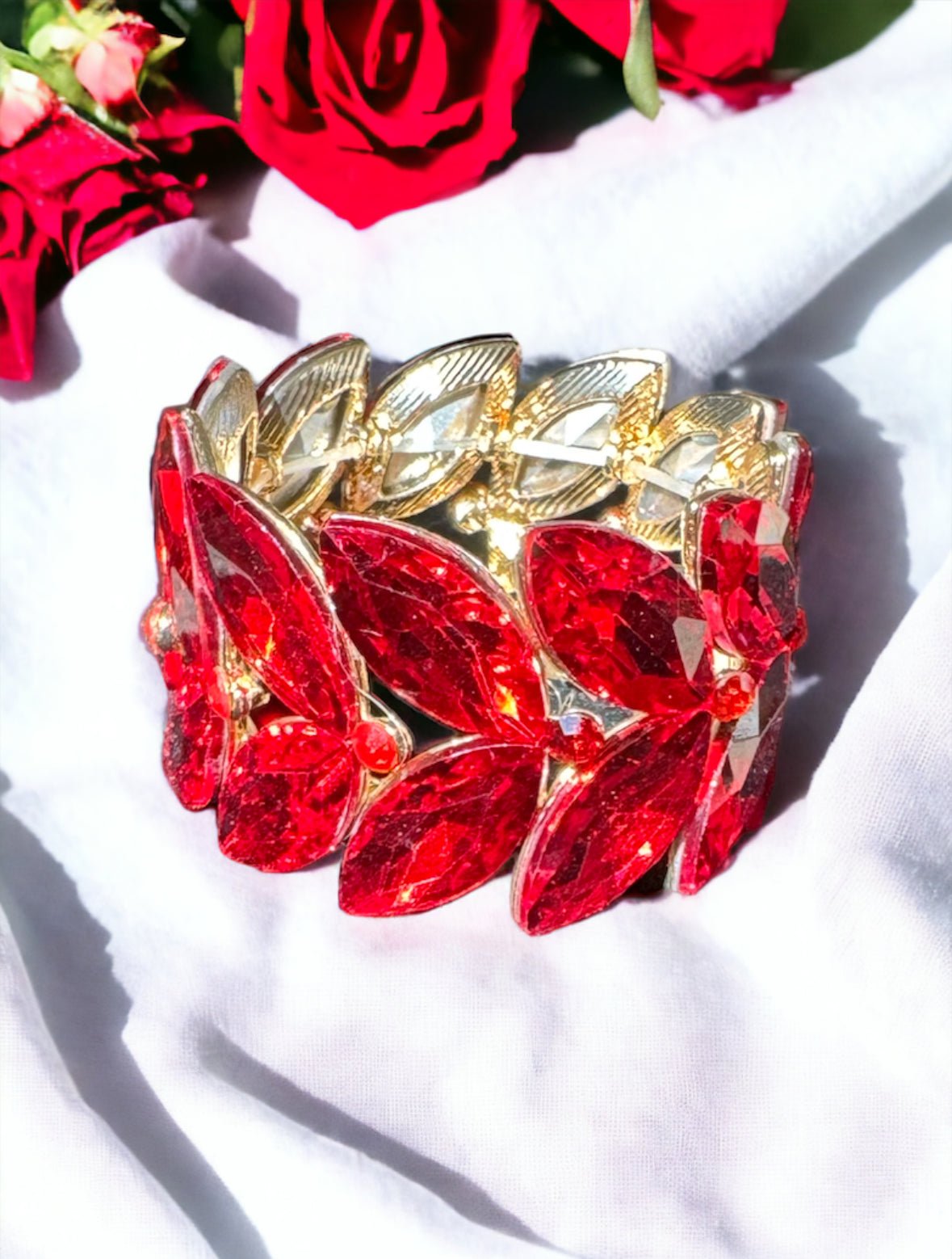 Red Marquise Cut Stone Cluster Stretch Evening Bracelet - Reed House of Jewels