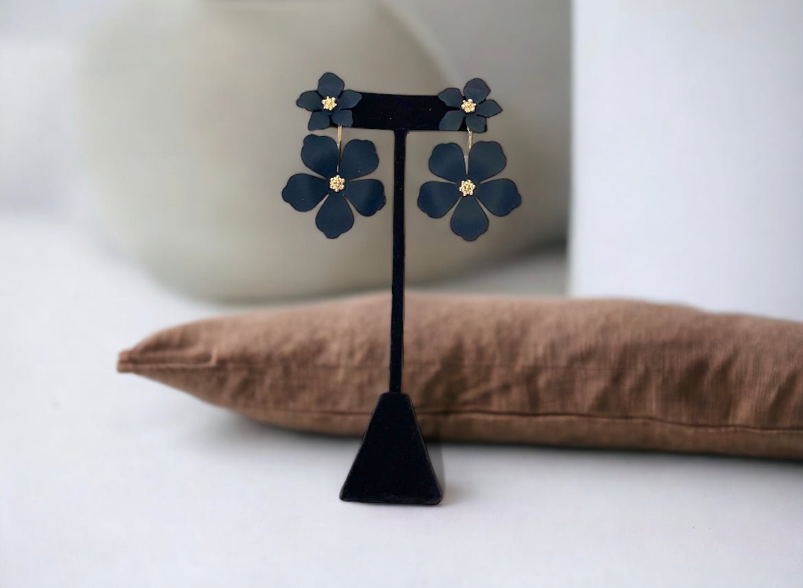 Black/Gold Tone Dangle Flower Blossom Earrings - Reed House of Jewels