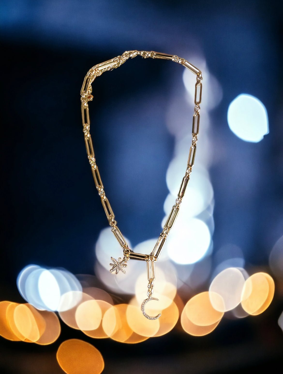 Star and Moon Gold Tone and Crystal 19" + 3" Necklace - Reed House of Jewels