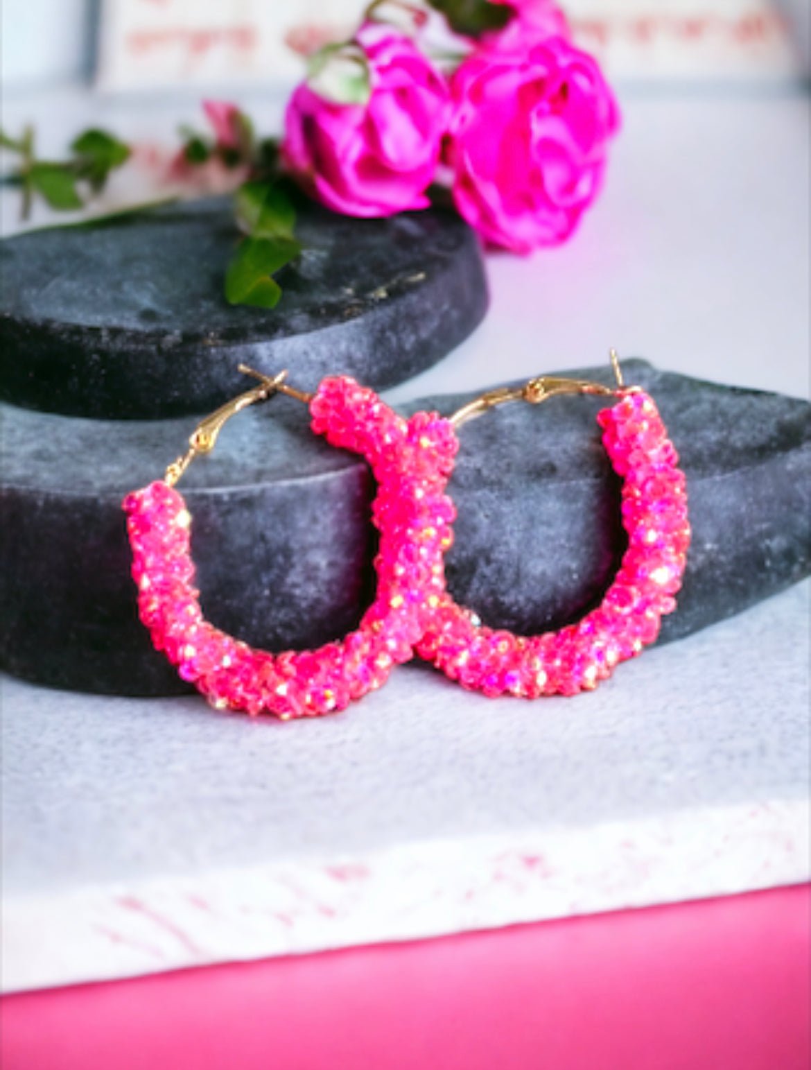 Hot Pink Beaded Hoops - Reed House of Jewels