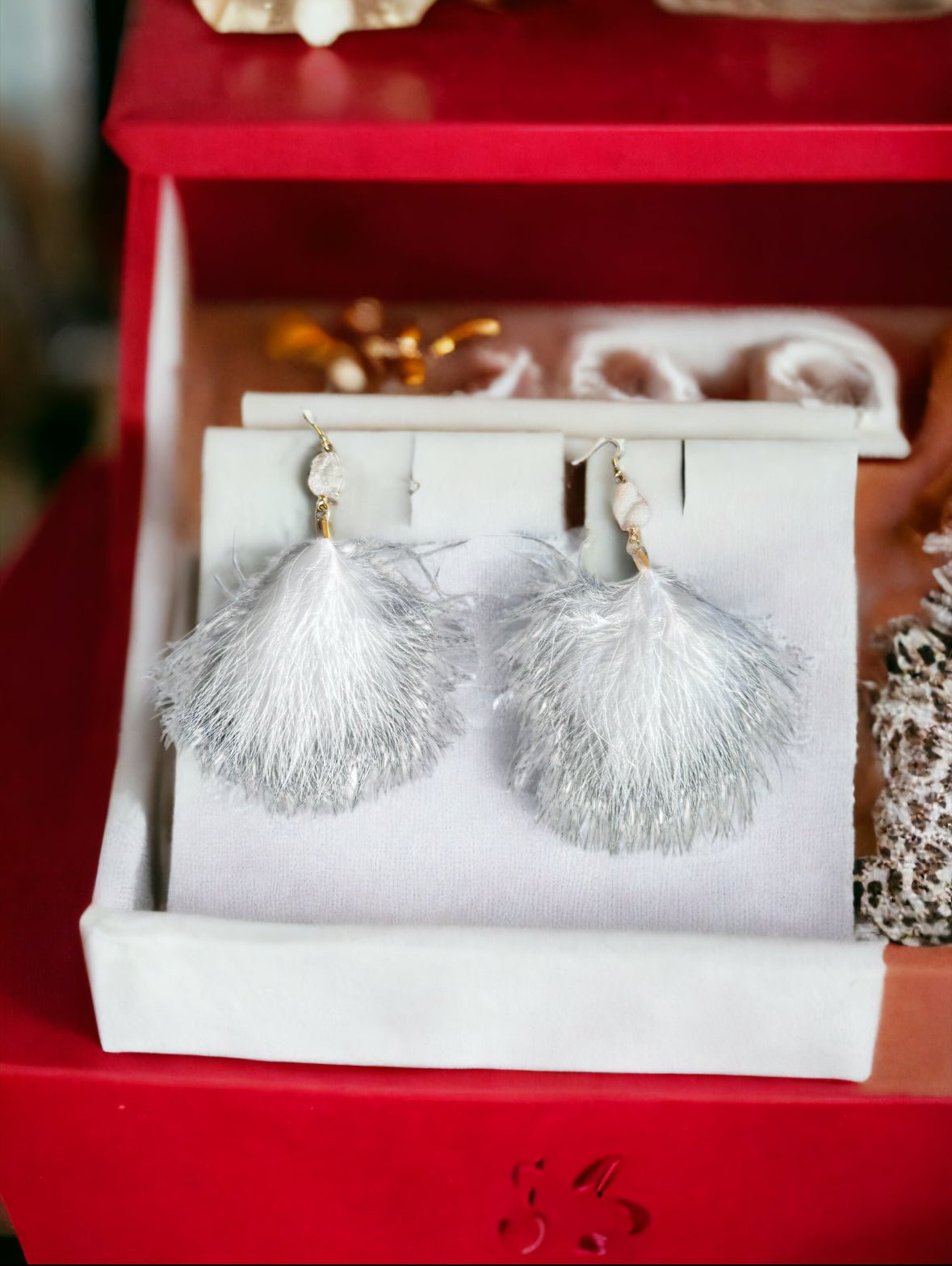 White Feather and Stone Pendant Earrings - Reed House of Jewels