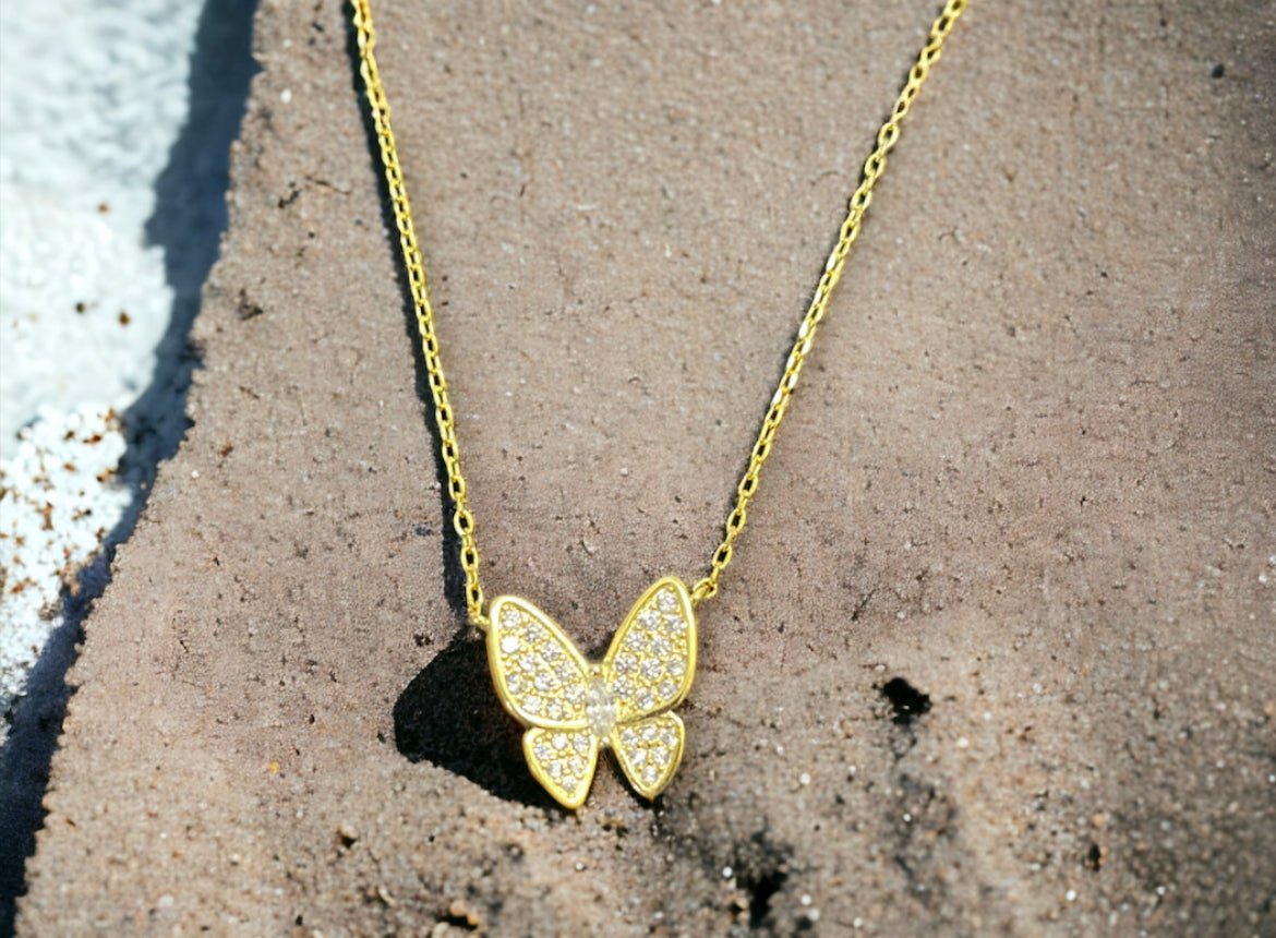 Gold Tone and Crystal Small Butterfly Necklace/Earring Set - Reed House of Jewels