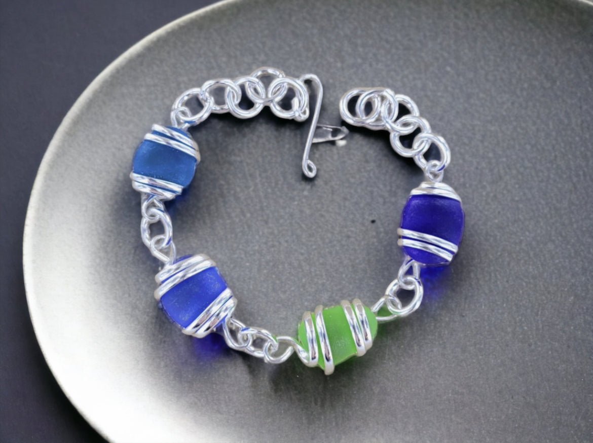 Cultured Sea Glass Linked Bracelet - Blue/Green Multi - Reed House of Jewels