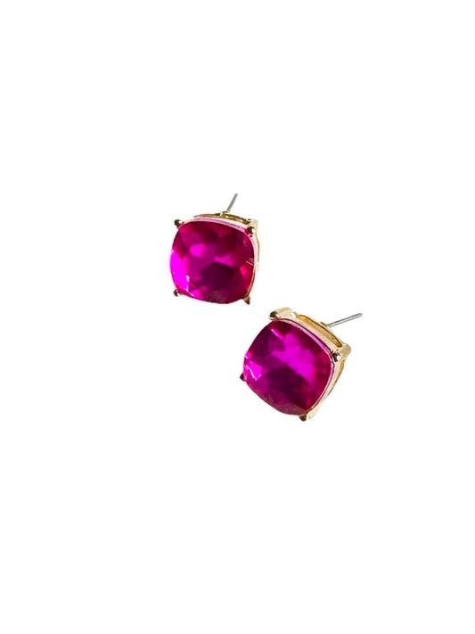 Gold Tone and Fuchsia Square Earrings - Reed House of Jewels