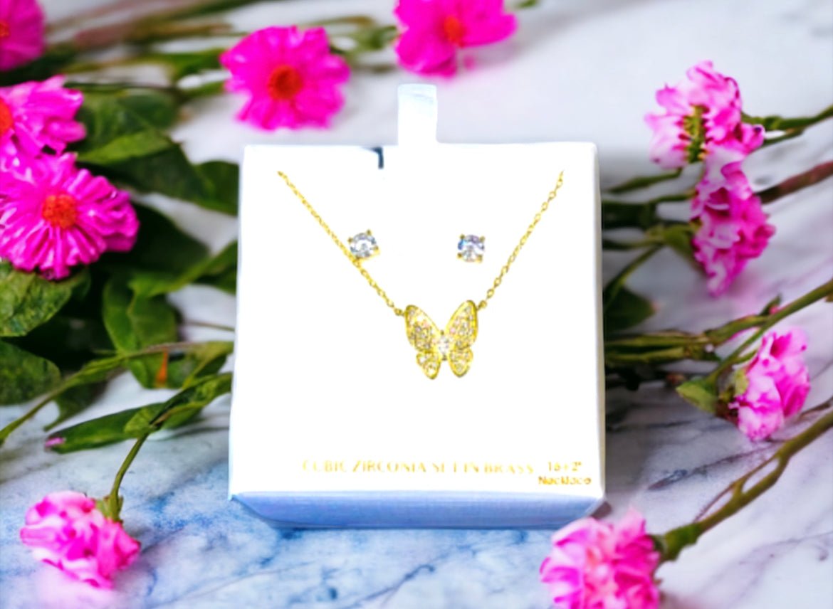 Gold Tone and Crystal Small Butterfly Necklace/Earring Set - Reed House of Jewels