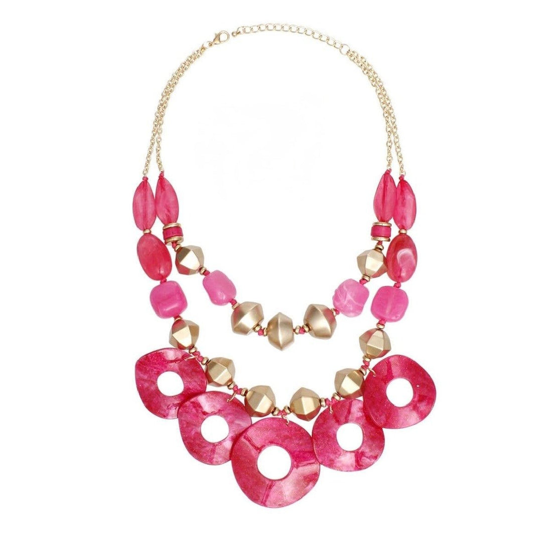 Fuchsia and Gold Tone DiscLayered Necklace - Reed House of Jewels