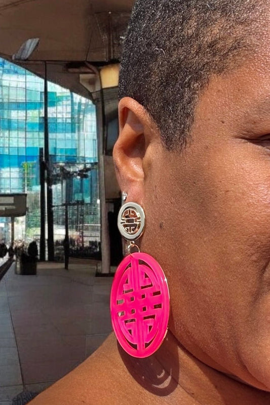 Hot Pink Geometric Shou Pattern Double Drop Earrings - Reed House of Jewels